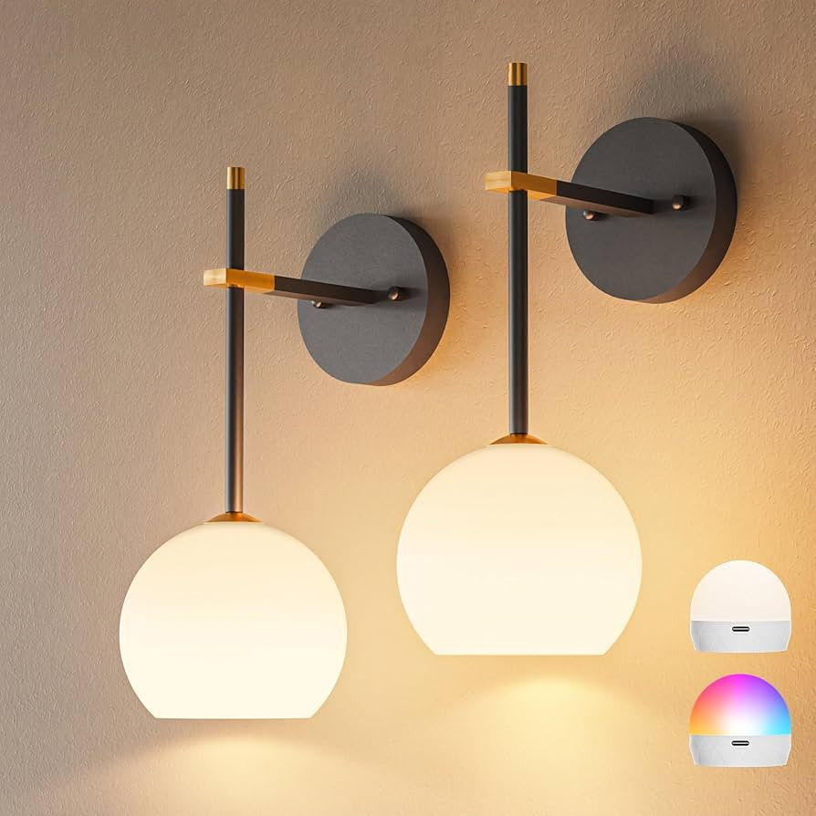 Black Gold Battery Operated Wall Sconces Set of 2, Rechargeable Wireless Wall Lights with Milky W... | Amazon (US)