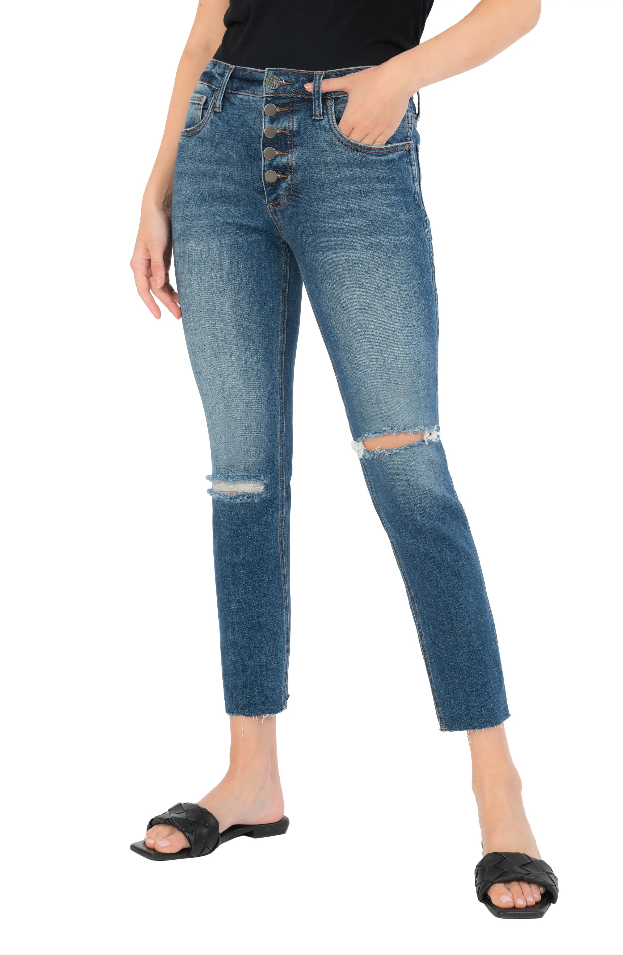 KUT from the Kloth Rachael Fab Ab Ripped Exposed Button Ankle Raw Hem Mom Jeans in Regal at Nordstro | Nordstrom