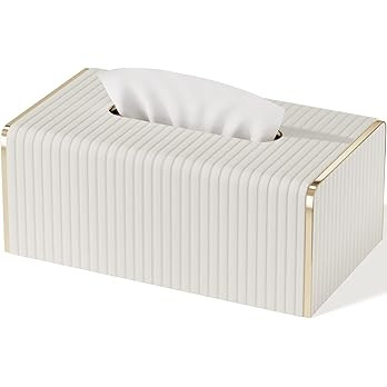 Tissue Box Cover,White Rectangle Leather Tissue Box Holder with Gold-Tone Edging Decoration,Decor... | Amazon (US)