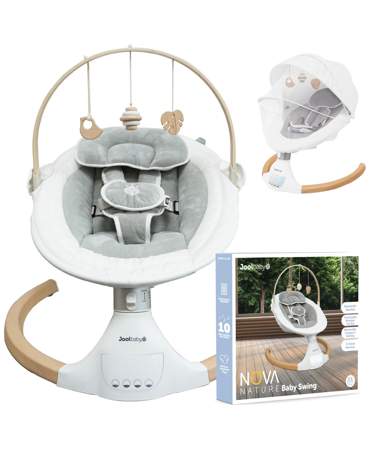 Jool Baby Nova Nature Baby Swing for Newborns – Natural Wood Toys, Electric Motorized Infant Swing, Bluetooth Music - Grey | Macy's