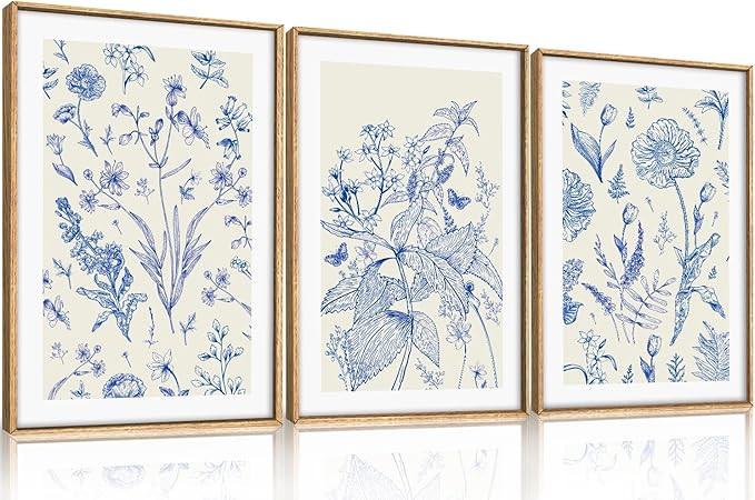 KAIRNE Classic Chinoiserie Framed Canvas Wall Art Set, Blue Watercolor Flower Wall Decor, Blue an... | Amazon (US)