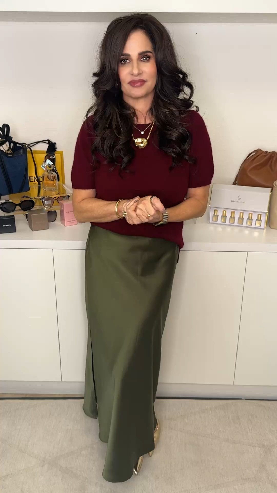 Thanksgiving outfit inspo 3 . Mixing high and low end pricing . Skirt XS , cashmere sweater ( available in a ton of colors, on sale ) sm I like this look for work as well. 
#satinskirt #holidaystyle #cashmeresweater 

#LTKSaleAlert #LTKStyleTip #LTKOver40