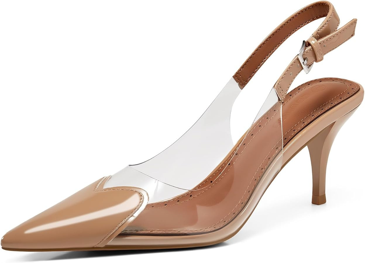 Coutgo Womens Slingback Kitten Heels Heart Clear Pumps Low Heel Pointed Closed Toe Party Wedding ... | Amazon (US)