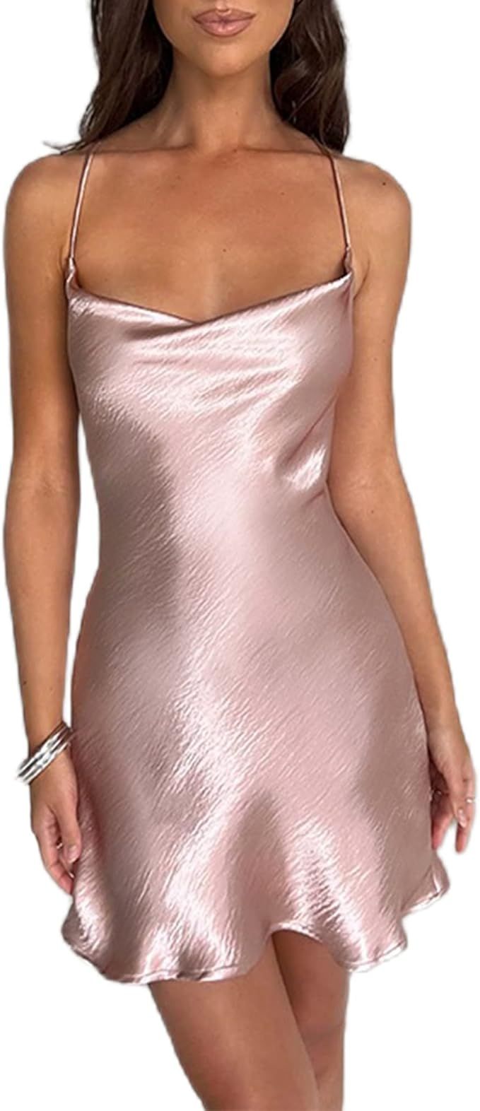 Satin Drape Sleeveless Strappy Mini Dress Sexy Dress Low-Cut A-line Bodycon Dress Night Club Dres... | Amazon (US)