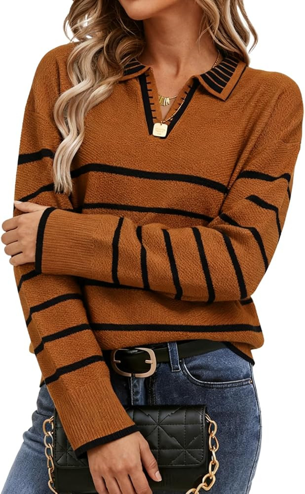 Women's Polo Sweater Long Sleeve V Neck Striped Collared Pullover Fall Sweater Tops 2025 | Amazon (US)