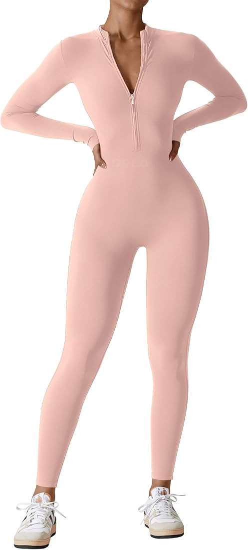 YEOREO Women Long Sleeve Workout Jumpsuit Zip Up Romper Bottom Pants Bodysuit Bodycon Sexy One Pi... | Amazon (US)