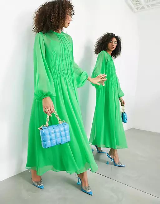 ASOS EDITION shirred front maxi dress in bright green | ASOS (Global)