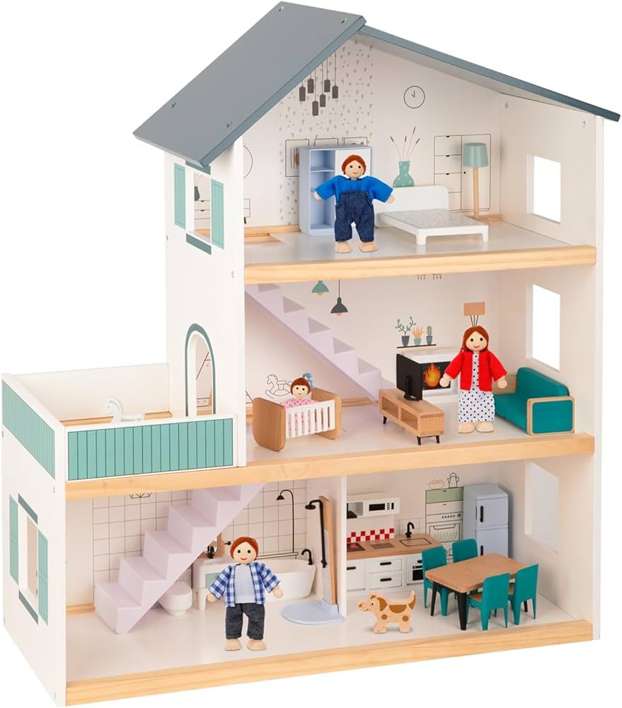 OOOK Wooden Dollhouse for Kids, Doll House with Simulated Luxury Furniture Set, Dollhouse Playset... | Amazon (US)