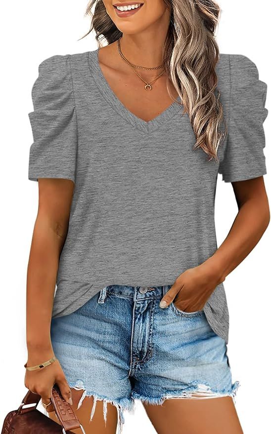 XIEERDUO Womens Summer Shirt V Neck Casual Tshirts Puff Sleeve Tops for Women Solid Color S-2XL | Amazon (US)