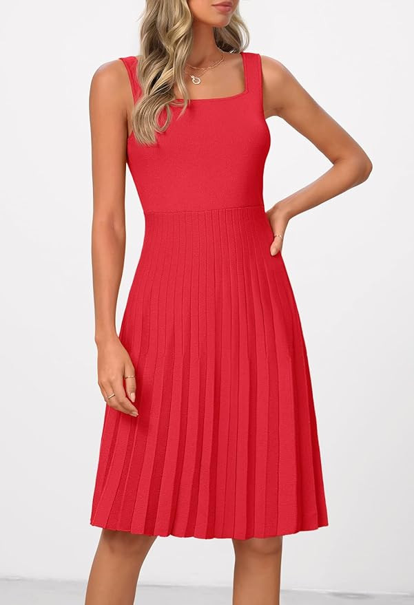 MEROKEETY Women's Summer Strap Square Neck Mini Dress Sleeveless Pleated A Line Swing Sweater Dre... | Amazon (US)