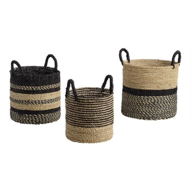 Medium Black and Natural Seagrass Calista Tote Basket | World Market