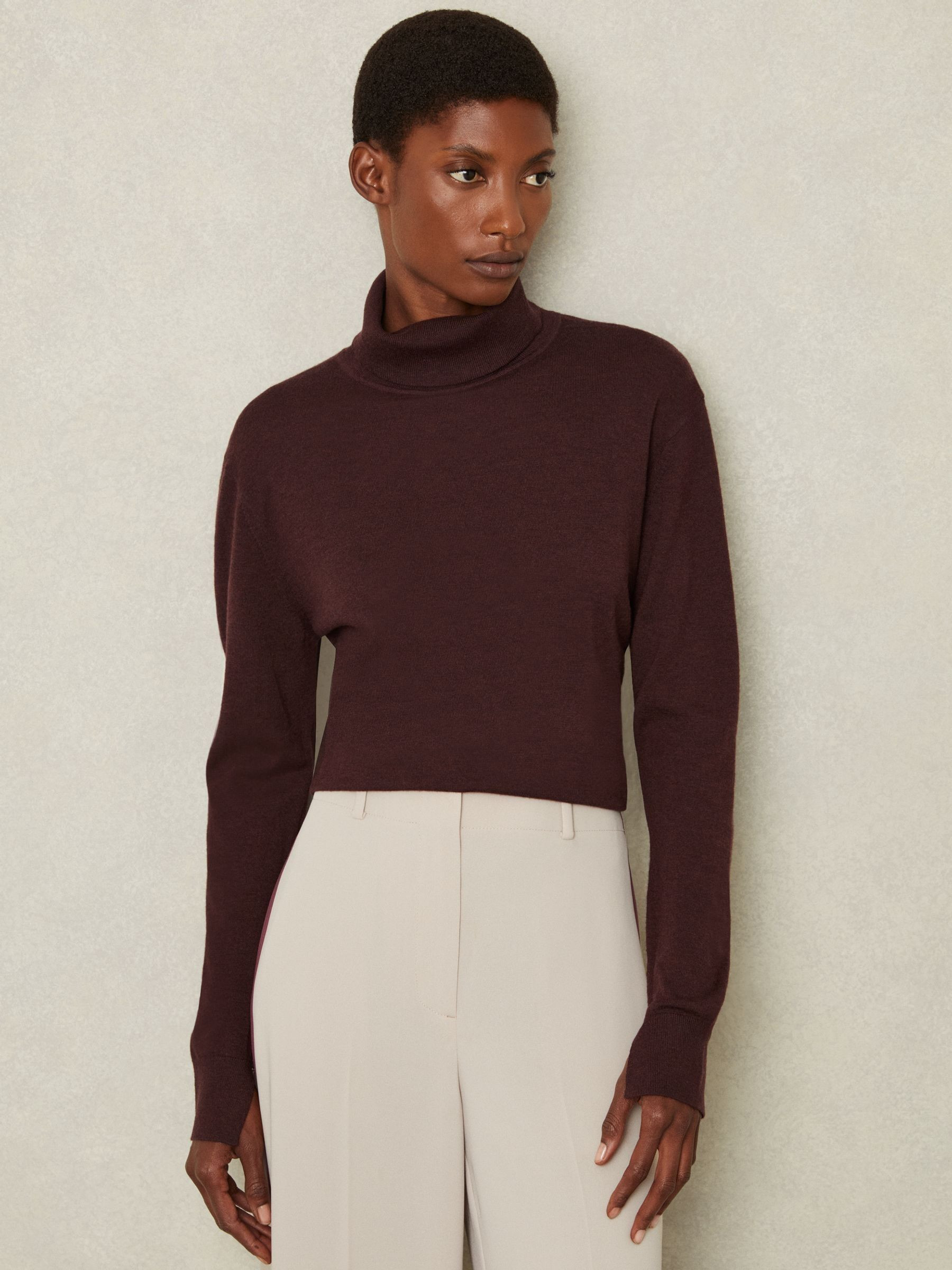 Reiss Merino Wool Roll Neck Jumper in Burgundy - REISS | Reiss UK