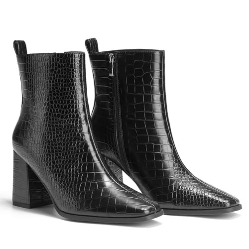 ALICEPUB Black Boots For Women Ankle Booties, Chunky Boots 3 Inch High Heel Boots Square Toe, Womens Dress Boots Disco Boots Work Boots Gogo Boots Comforatble Fall Crocodile Boots For Women, Size 9.5 | Amazon (US)