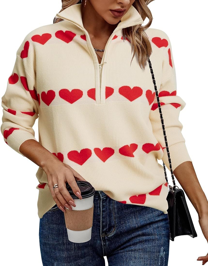 Love Heart Sweater Quarter Zip Sweater Women V Neck Valentines Pullover Sweatshirt Ribbed Knitted... | Amazon (US)