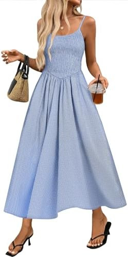 Relipop Women's Summer Midi Dresses 2026 Casual Plaid Sleeveless Spaghetti Strap Smocked Tiered B... | Amazon (US)