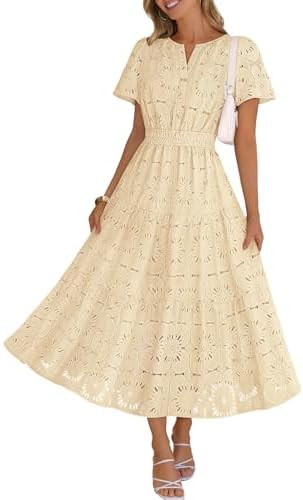 MEROKEETY Women's Spring Summer Floral Maxi Dress 2026 Boho Eyelet Hollow Out Lace Short Sleeve A... | Amazon (US)