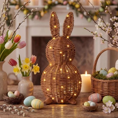 WEIH Wicker Easter Bunny Light Up Easter Rattan Bunny Decorations, 13.8 Inch Woven Rabbit Tabletop Centerpiece with Light, Rabbit Ornament for Mantel Fireplace Easter Home Tiered Tray Decor | Walmart (US)