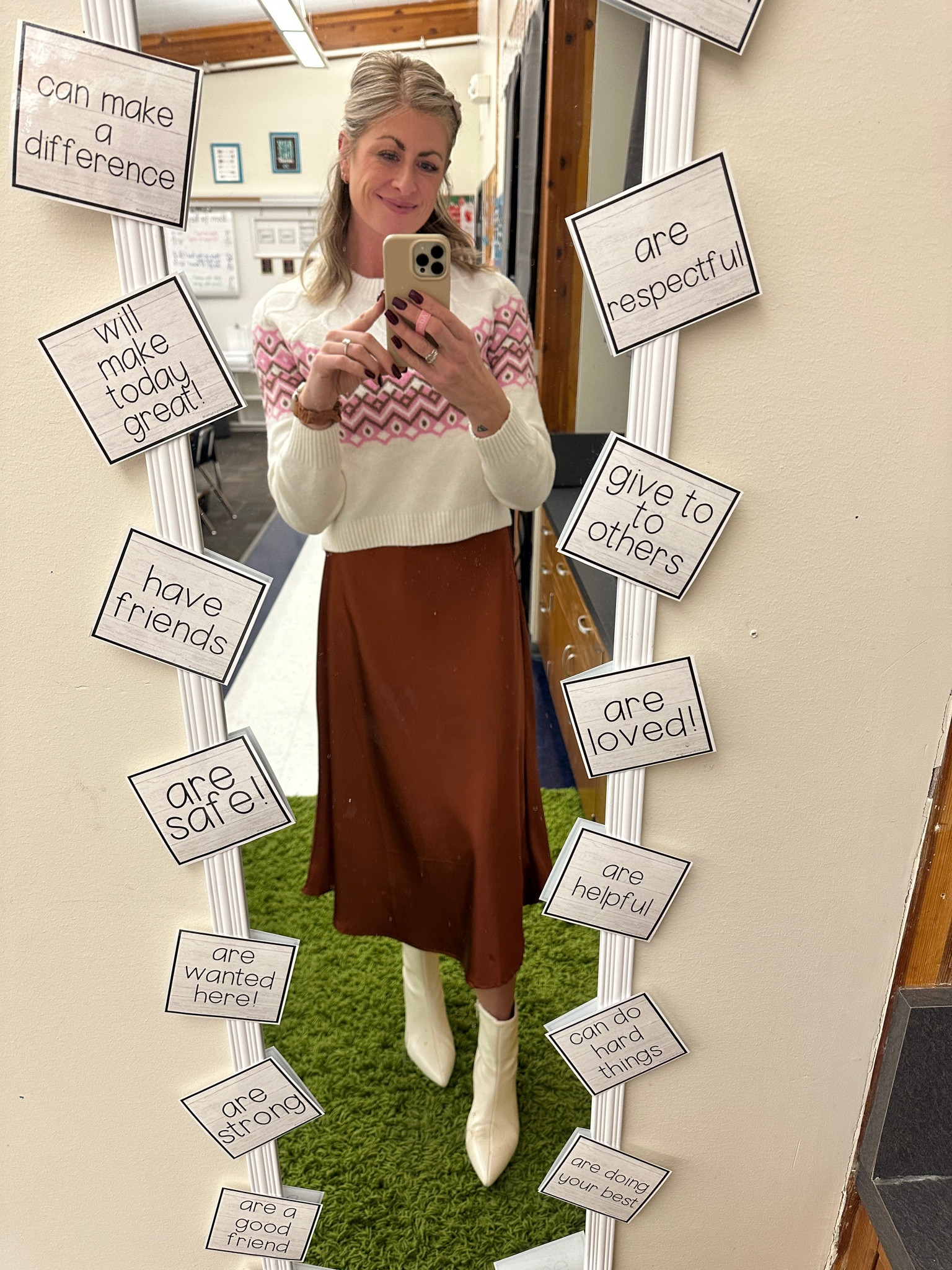 Satin skirt 

(Sweater is Walmart I can’t find it to link it)