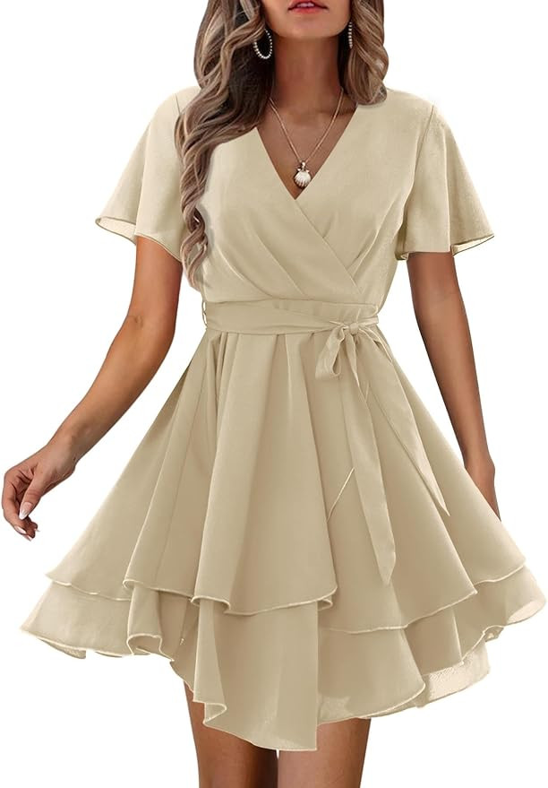 Amoretu Women's 2023 Summer Wrap Dress Short/Long Sleeve Casual V Neck Ruffle Mini Dresses | Amazon (US)