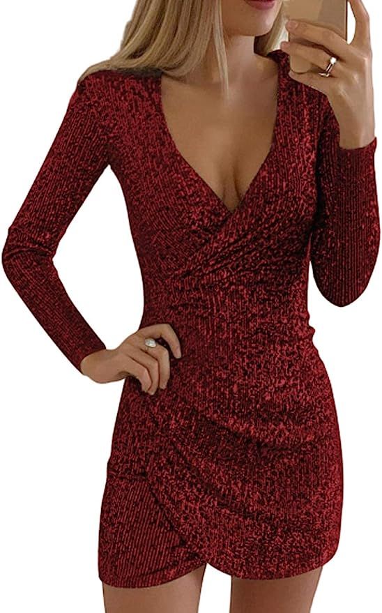 DUBACH Women Fashion V-Neck Surplice Wrap Ruched Sequins Bodycon Dress | Amazon (US)