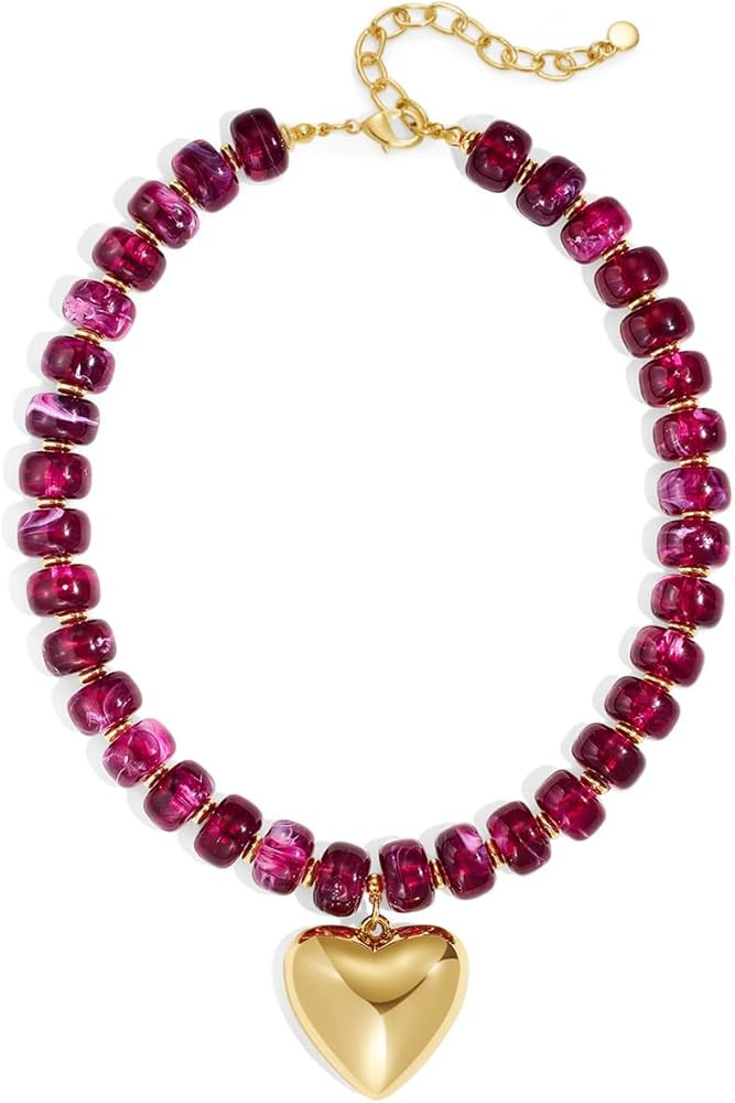 Mothers Day Gifts Puffy Gold Heart Necklaces For Women Chunky Beaded Necklace in Several Colorway... | Amazon (US)