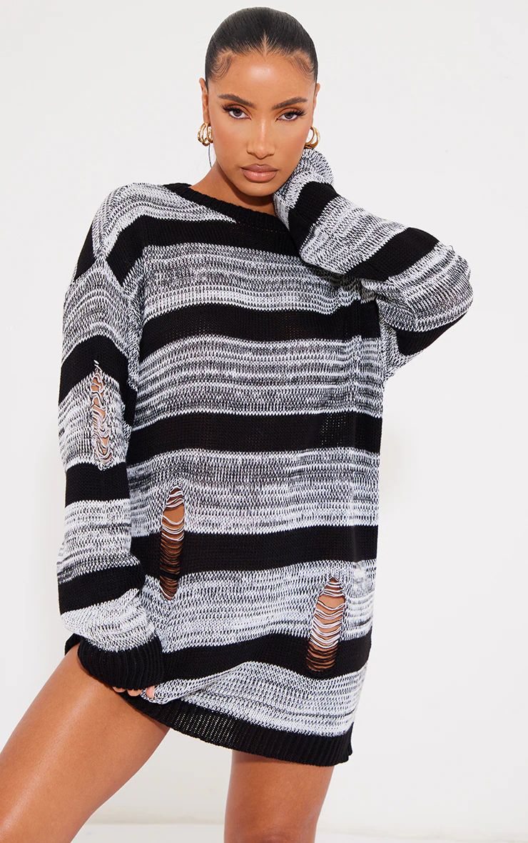 Grey Distressed Stripe Knit Sweater Dress | PrettyLittleThing US