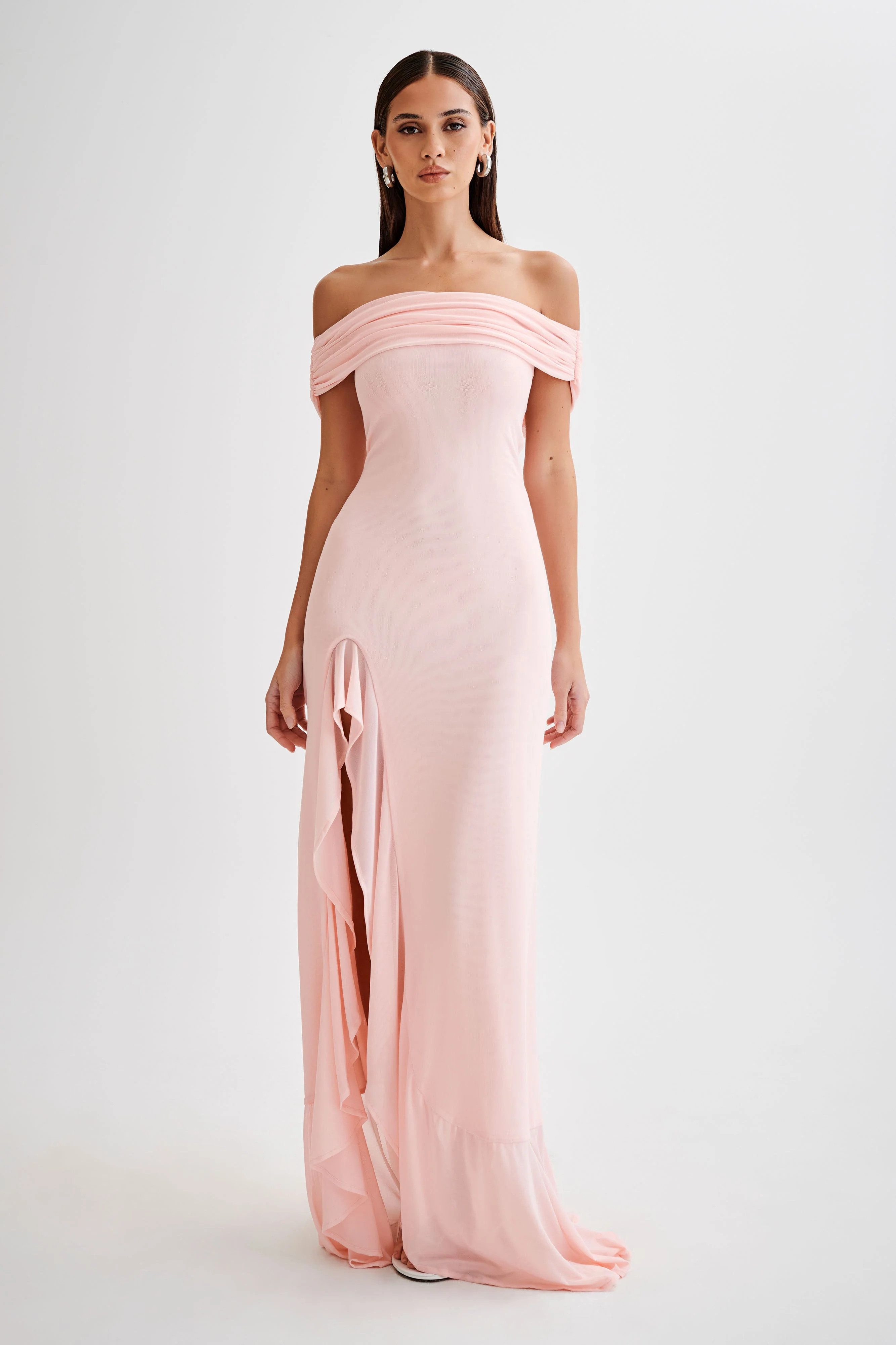 Audrey Off Shoulder Mesh Maxi Dress - Pale Pink | MESHKI US