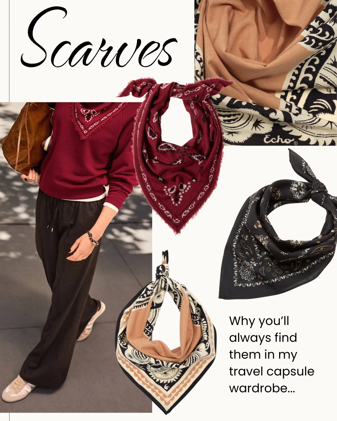 Scarves are one of those things I almost always make room for in a travel capsule wardrobe.

They take up virtually no space, but they can change the look of an outfit in about five seconds. Tie one at your neck, add it to a bag, wear it in your hair, or use a larger scarf as an extra layer when you need a little warmth.

I especially love them in a small capsule because they give you another way to wear the same basic pieces without packing another top, sweater or jacket.

And they don’t have to be expensive. A great scarf can come from just about anywhere. I’m always looking for color, pattern and something that works with several pieces already going in my suitcase.

Small to pack. Lots of ways to wear. Exactly the kind of thing I want in my carry-on.

#LTKOver40 #LTKTravel