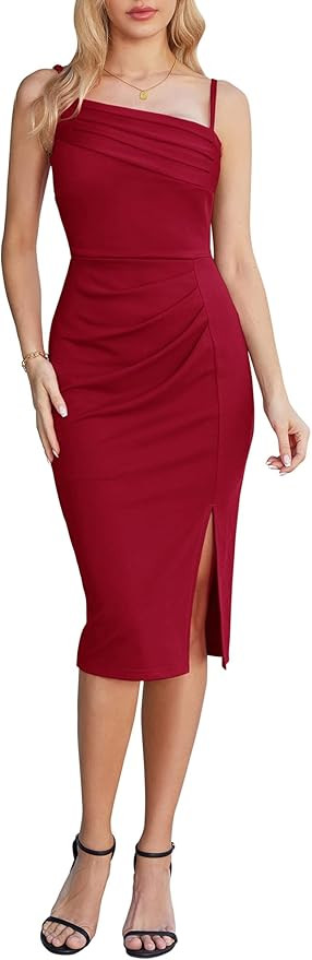 GRACE KARIN 2023 Women's Spaghetti Straps Wedding Guest Dresses Split Hem Ruched Bodycon Dress | Amazon (US)