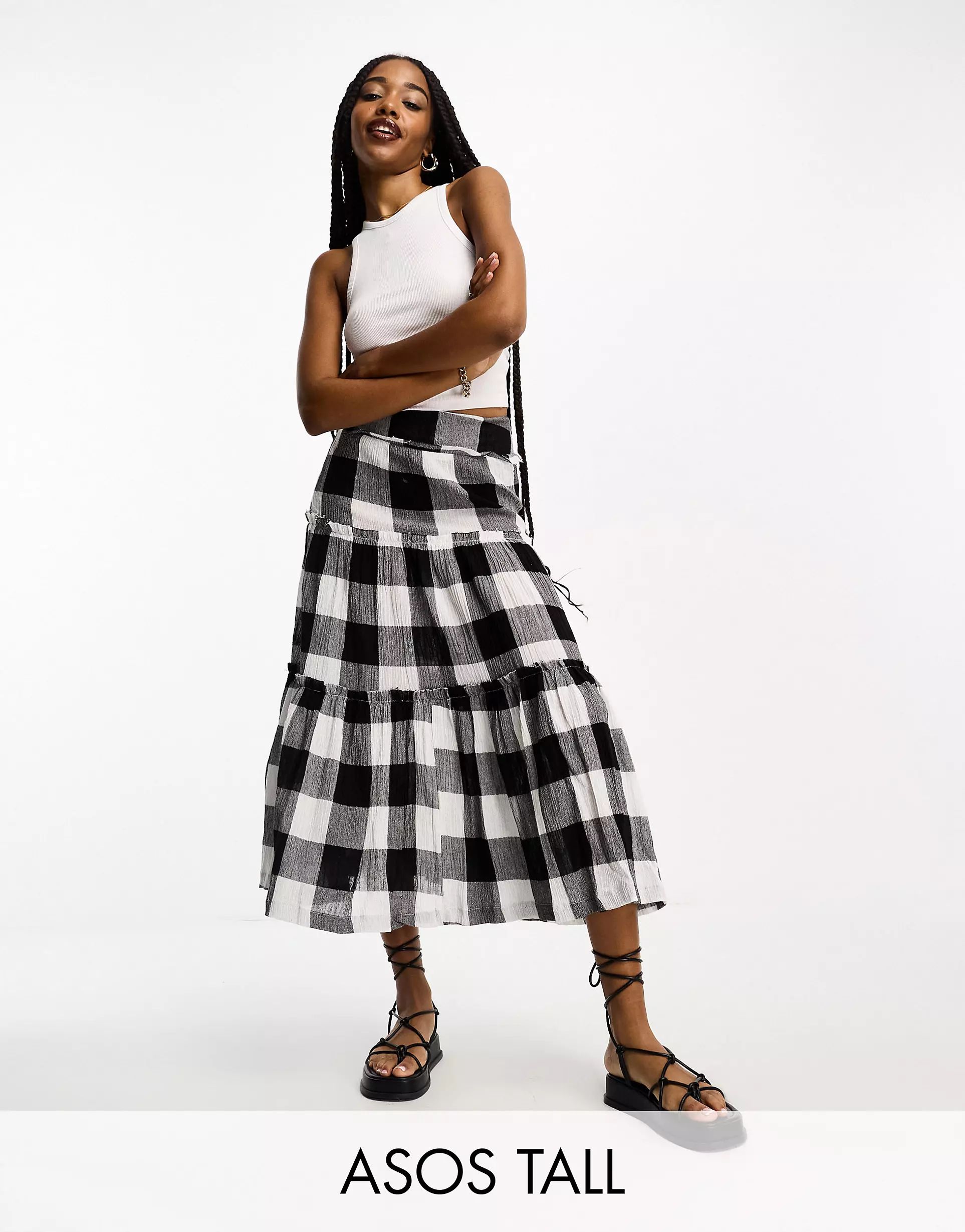 ASOS DESIGN Tall tiered midi skirt in jumbo mono gingham | ASOS (Global)