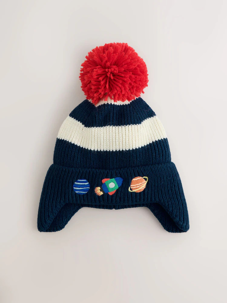 Navy/Stripe/Space Embroidered Pom Beanie (3mths-16yrs) | Next US