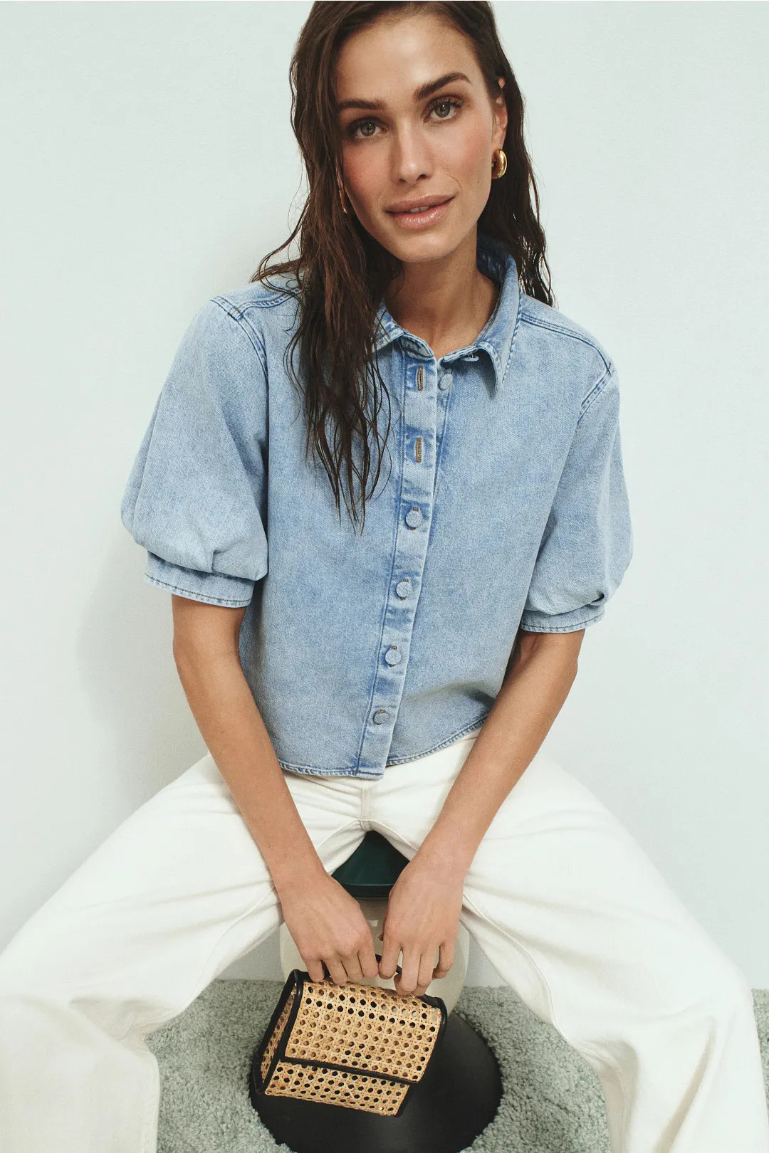 FRAME Billow Sleeve Denim Shirt | Rent the Runway