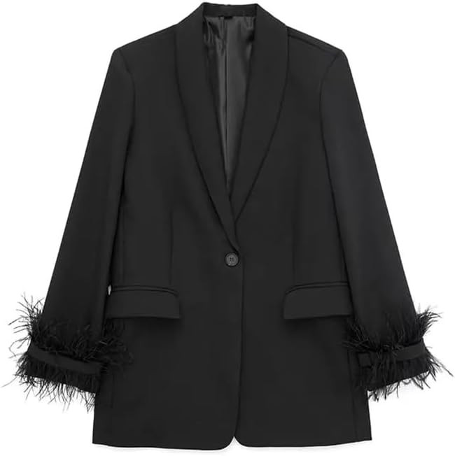 Women Satin Black with Feather Blazer Vintage Notched Neck Single Button Long Sleeves Jacket | Amazon (US)