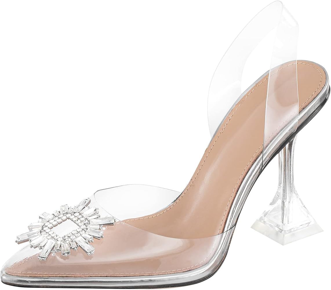 Ojiaoer Women's Clear Heels Shoes, Crystal Rhinestones Slingback Wedding Shoes Pointed Toe High H... | Amazon (US)