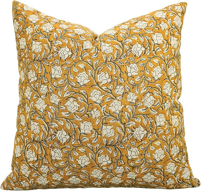 Pure Linen Fabric Handmade Block Floral Print 24x24 Inch Throw Pillowcase Cushion Cover Decorativ... | Amazon (US)