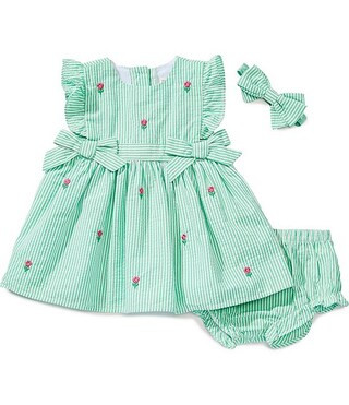 Baby Girls Flutter Sleeve Seersucker Embroidered Flower Bows Dress | Dillard's