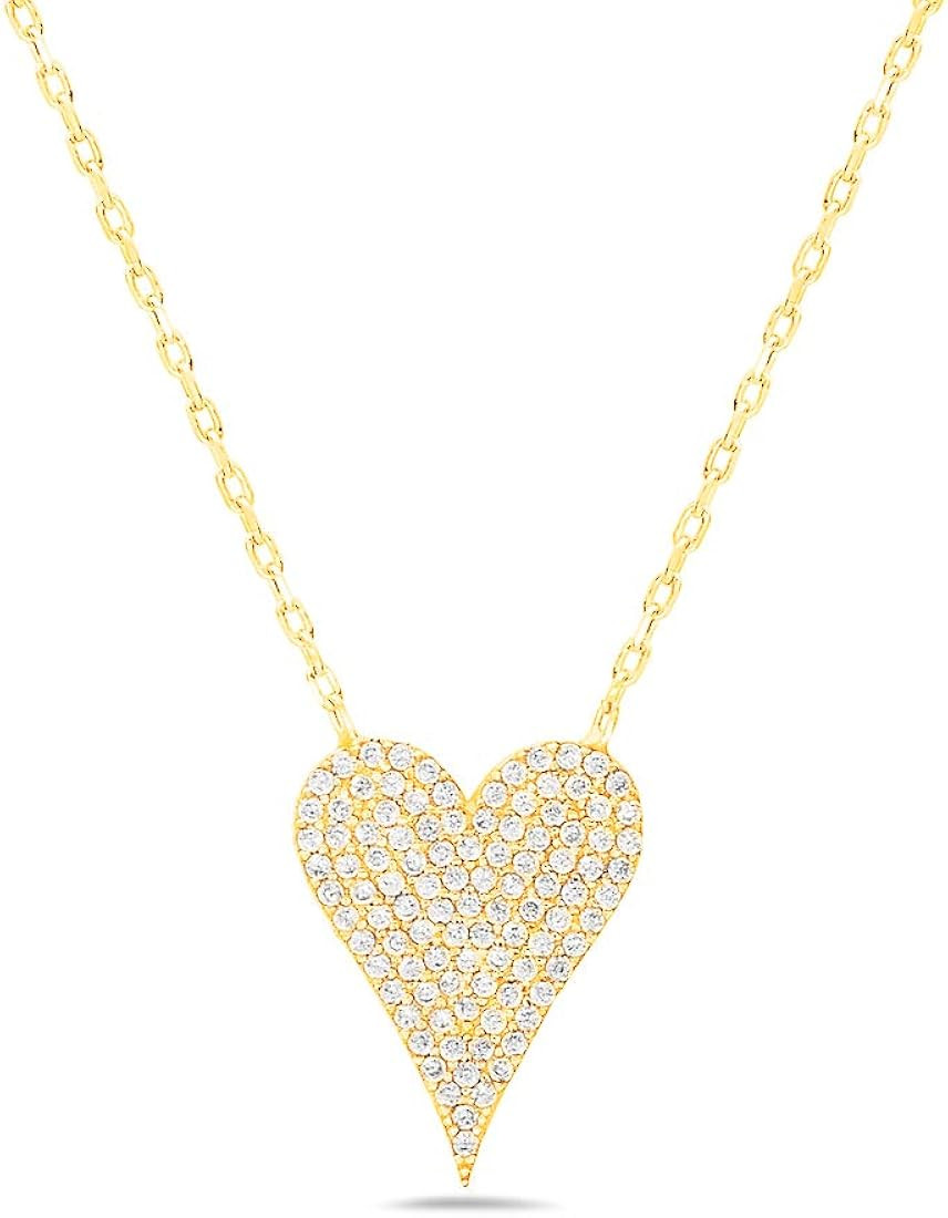 925 Sterling Silver Cubic Zirconia Pave Heart Charm Pendant Necklace - 18" Anchor Chain | Amazon (US)