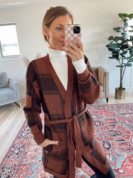 Walmart long cardigan is super soft and cozy! Wearing xs. Plaid cardigan. Black and brown plaid cardigan. Duster cardigan. Teacher outfit. Work appropriate cardigan. Fall outfit. Fall cardigan  

#LTKSeasonal #LTKunder50 #LTKstyletip