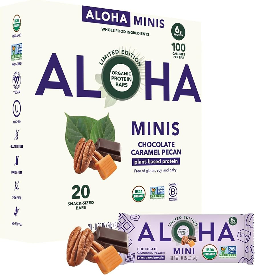 ALOHA Organic Plant Based Protein Bar MINIS |Caramel Chocolate Pecan | 20 Count, 24g Bars | Vegan... | Amazon (US)