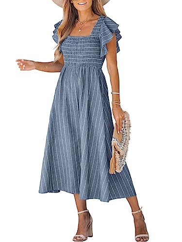 CUPSHE Women's Square Neck Striped Smocked Ruffle Sleeve Sleeve Maxi Dress Casual A Line Summer Long Dress Steel Blue | Amazon (US)