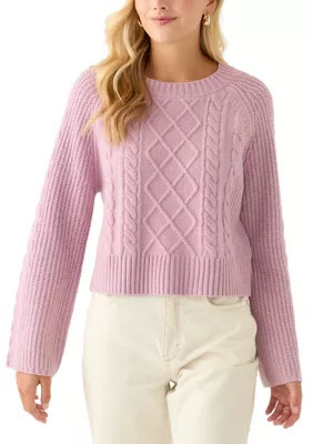 Pink Rose Women's Long Raglan Sleeve Crew Neck Cable Knit Sweater, Lilac, Small | Belk