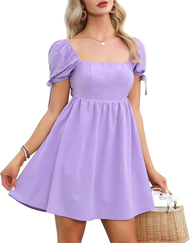 EXLURA Womens Summer Dress Square Neck Backless High Waist Tie Back Short Puff Sleeve Babydoll Mi... | Amazon (US)