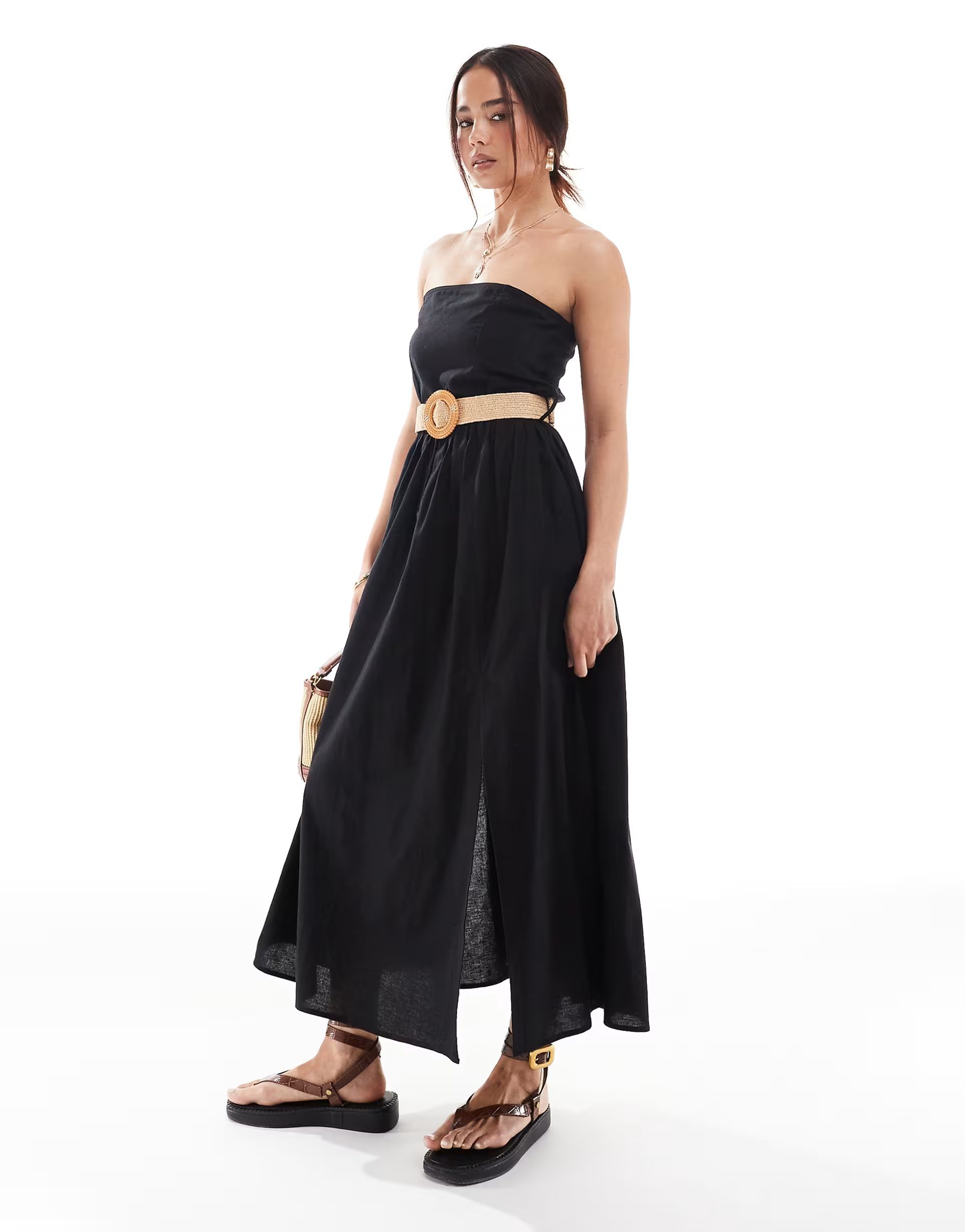 ASOS DESIGN full skirt linen mix bandeau midi dress with belt in black | ASOS (Global)