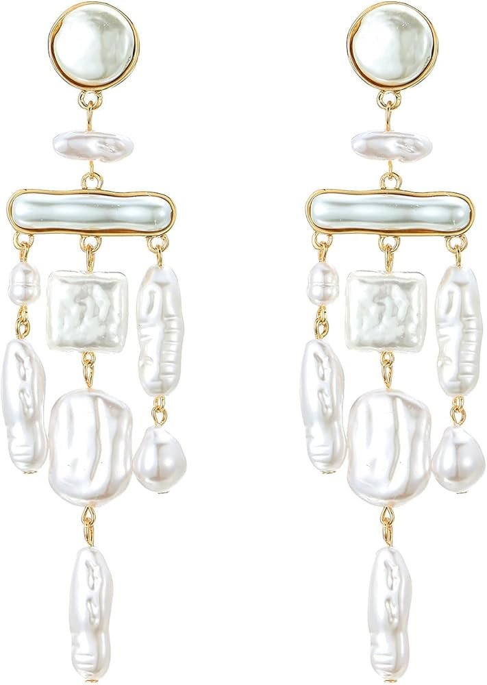 Statement Pearl Dangle Earrings,Gold and Large Pearl,Luxury Chandelier Organic Style Earrings | Amazon (US)