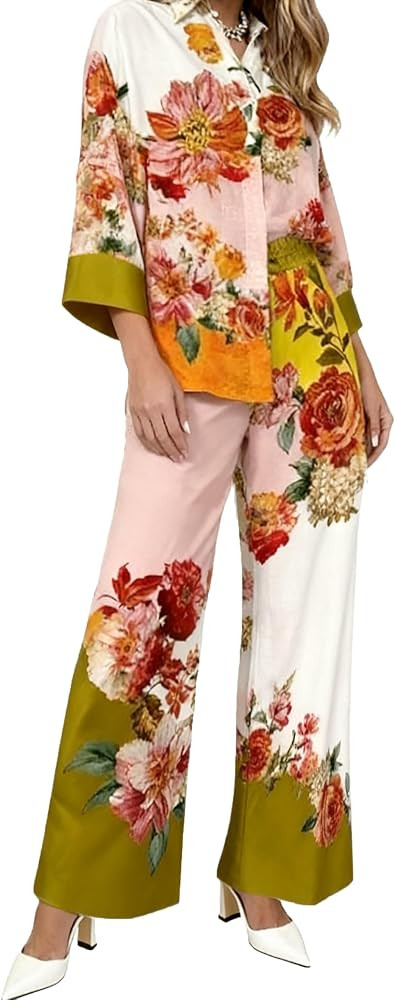 Kubsid Women Outfits Sets Casual Floral Button Down Shirt Wide Leg Pants Beach Sexy Matching Loun... | Amazon (US)