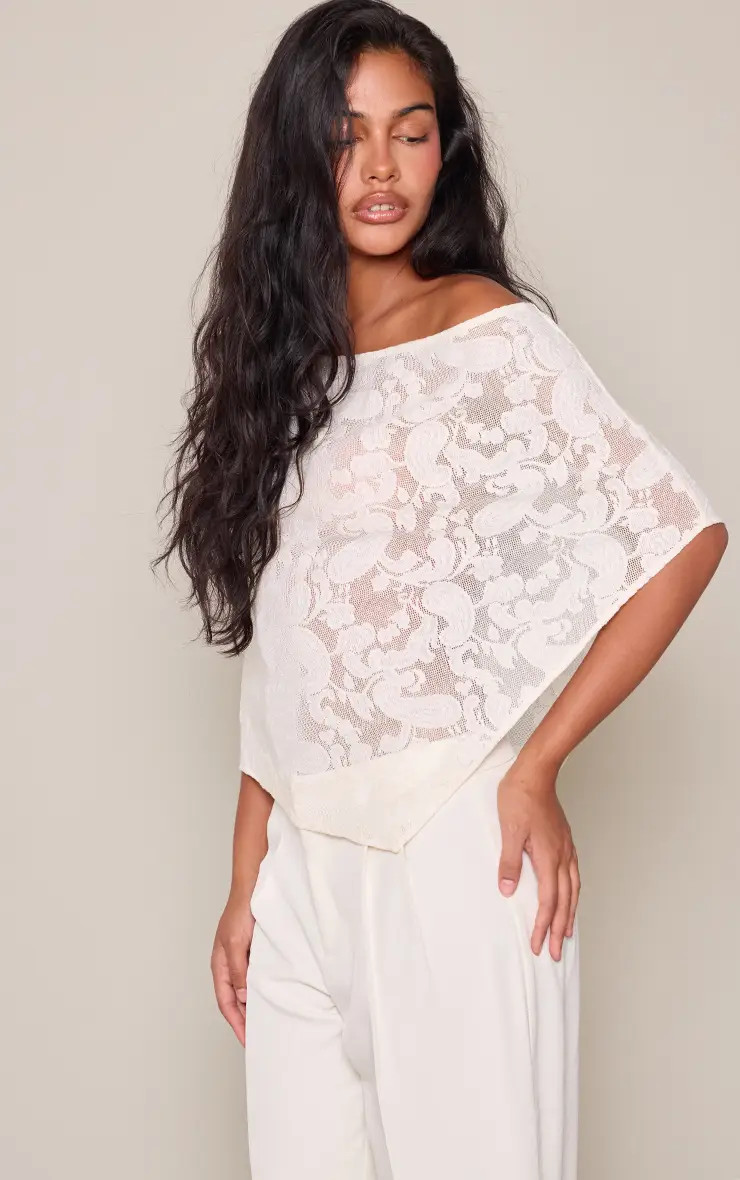 Cream Paisley Sheer Asymmetric Hem Bardot Cape Top | PrettyLittleThing UK