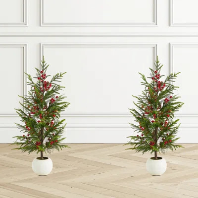 37.5"H Christmas Greenery PE Dripping Pine Porch Tree With Pinecones And Red Berries | Wayfair North America