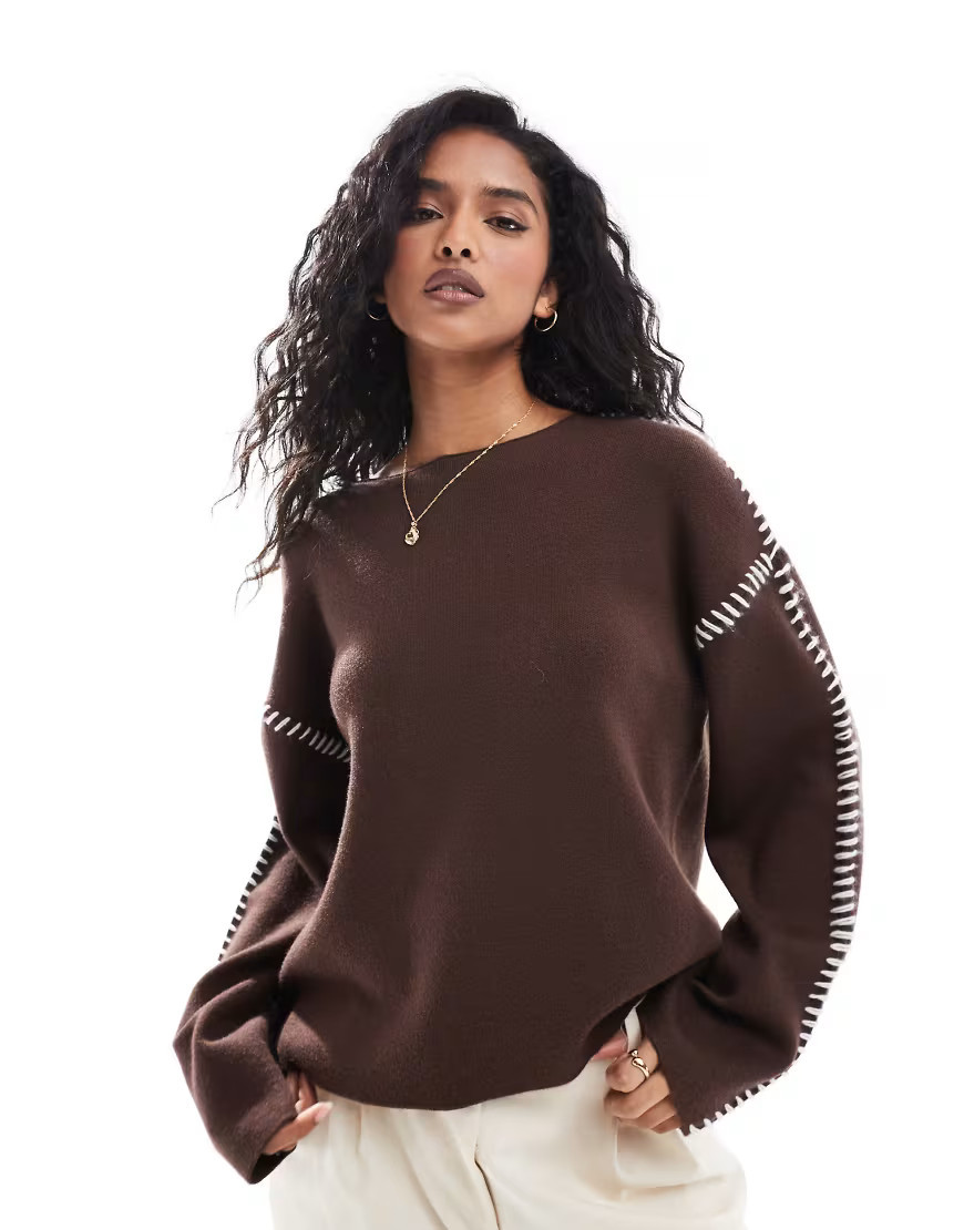 YAS contrast stitch detail sweater in brown | ASOS (Global)
