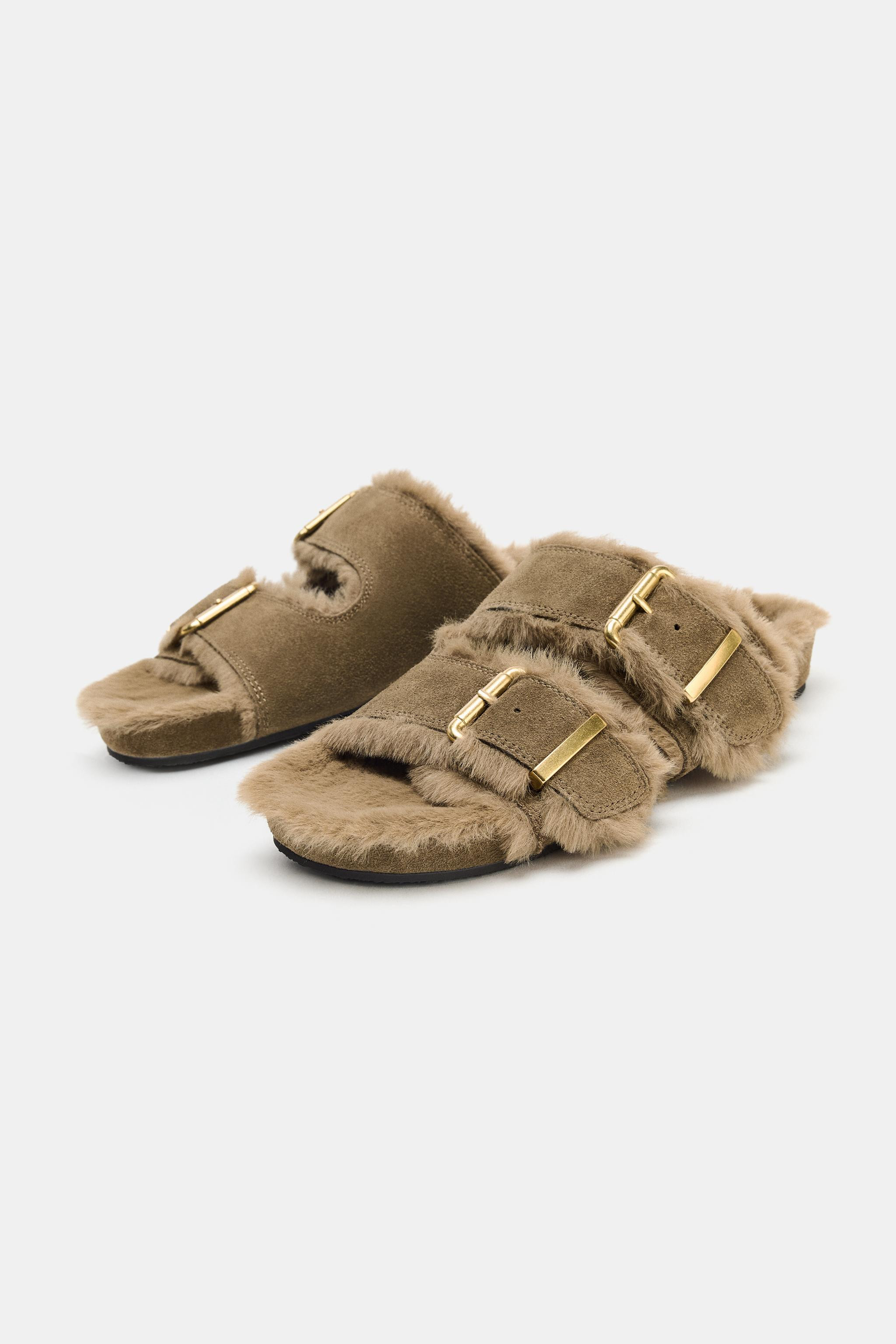 FAUX FUR FLAT BUCKLE SANDALS | Zara US