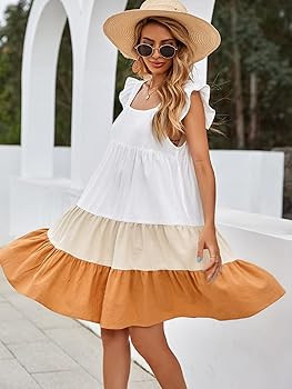 Women's Summer Square Neck Butterfly Sleeve Ruffle Trim Colorblock Smock Dress | Amazon (US)